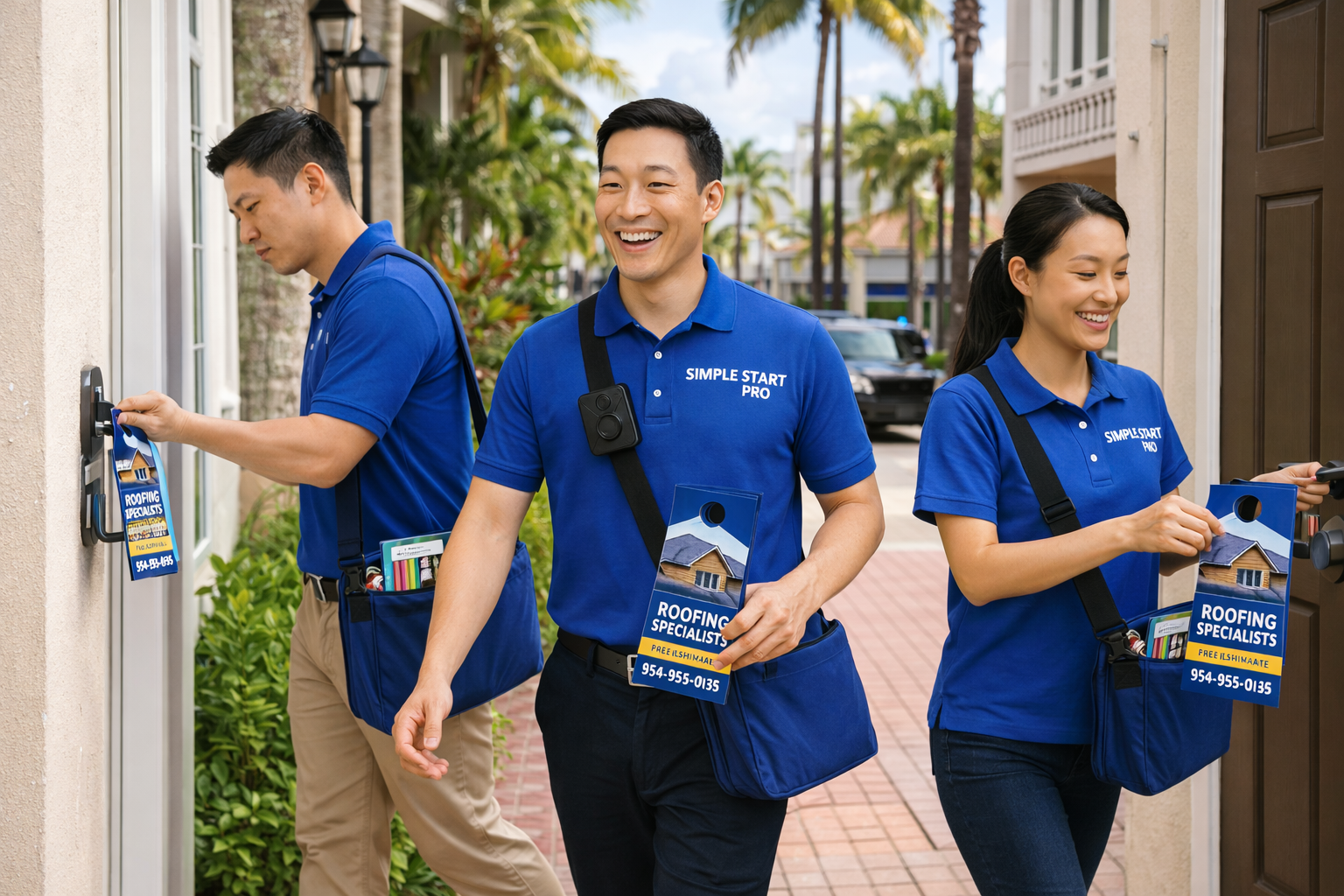 Simple Start Pro team distributing door hangers with body cameras in South Florida neighborhood