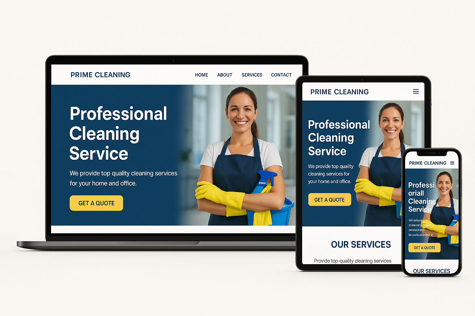 Prime Cleaning website showcase - professional cleaning service website with responsive design displayed on laptop, tablet, and mobile